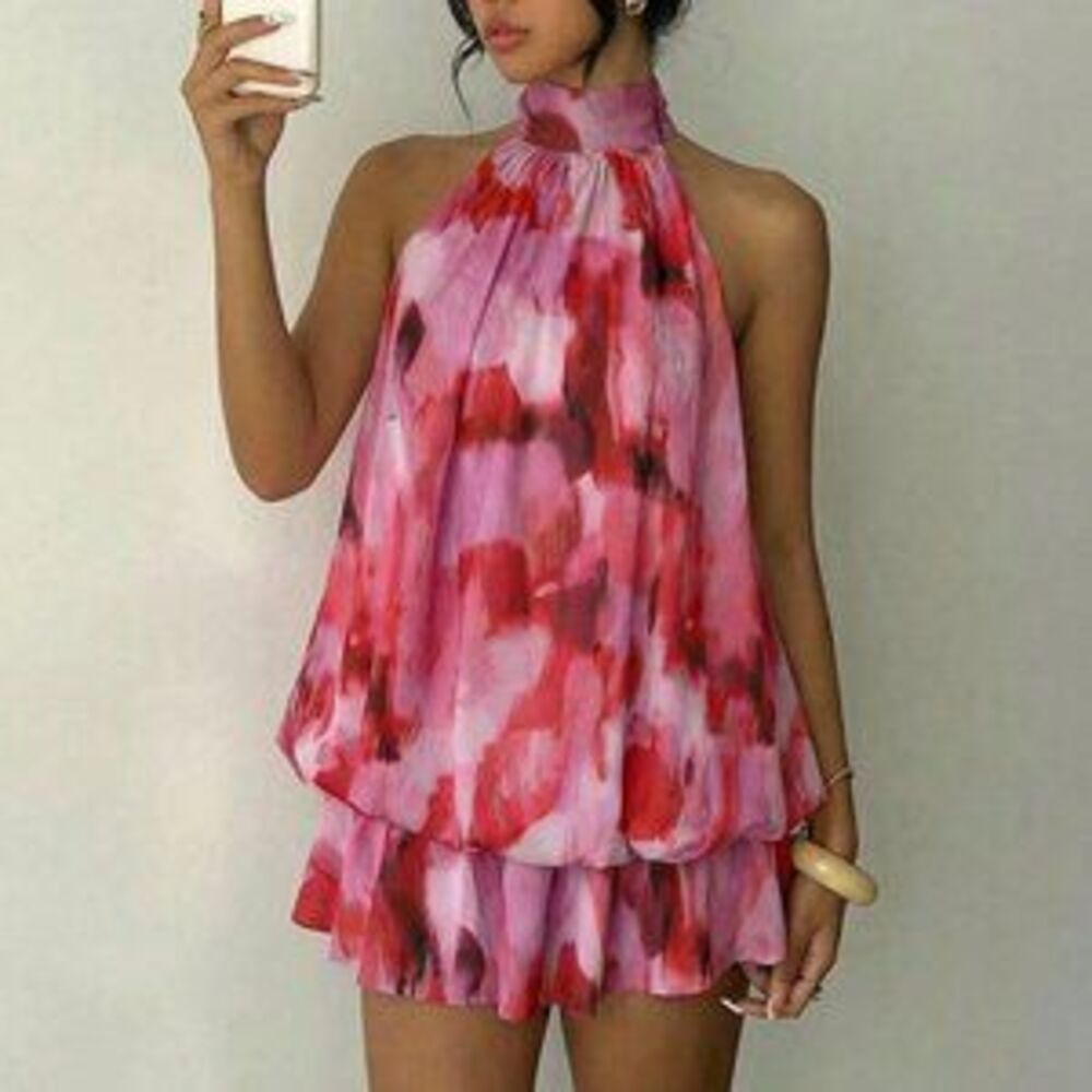 Multicolor Boho Women's Elegant Brushstroke Backless Mini Dress - Picture 3 of 5
